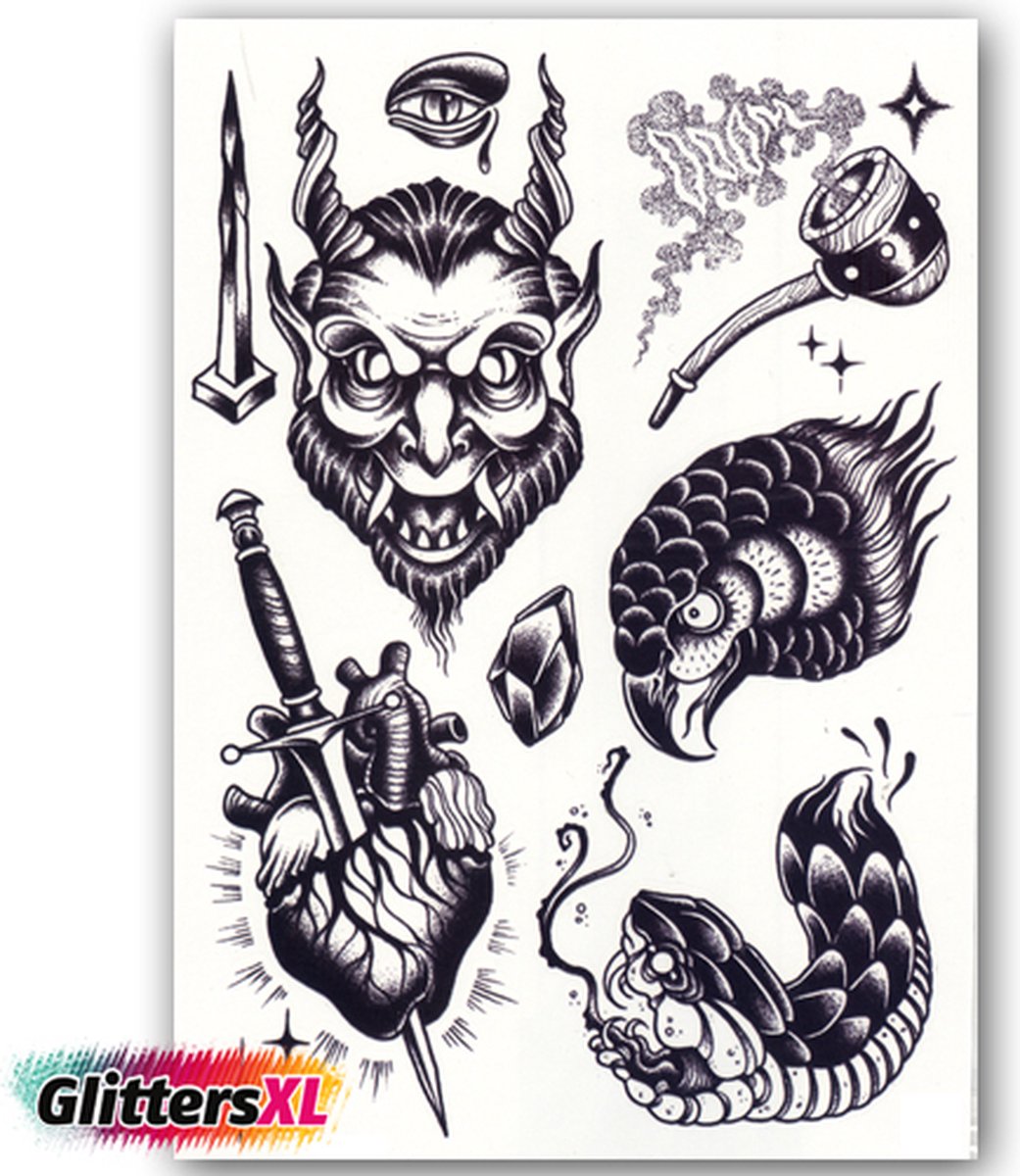 GlittersXL - Temporary Tattoo Duivel/Diablo (A5 formaat) [Neptattoo - Tijdelijke tatoeage - Nep Fake Tattoos - Water overdraagbare festival sticker henna outfit tattoo - Glitter tattoo - Volwassenen Kinderen Jongen Meisje]